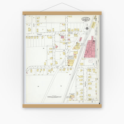 Old map wall art mockup — magnetic wood frame on white wall — Sanborn Fire Insurance Map from Roseville, Perry And Muskingum Counties, Ohio (1918), Sheet #0002