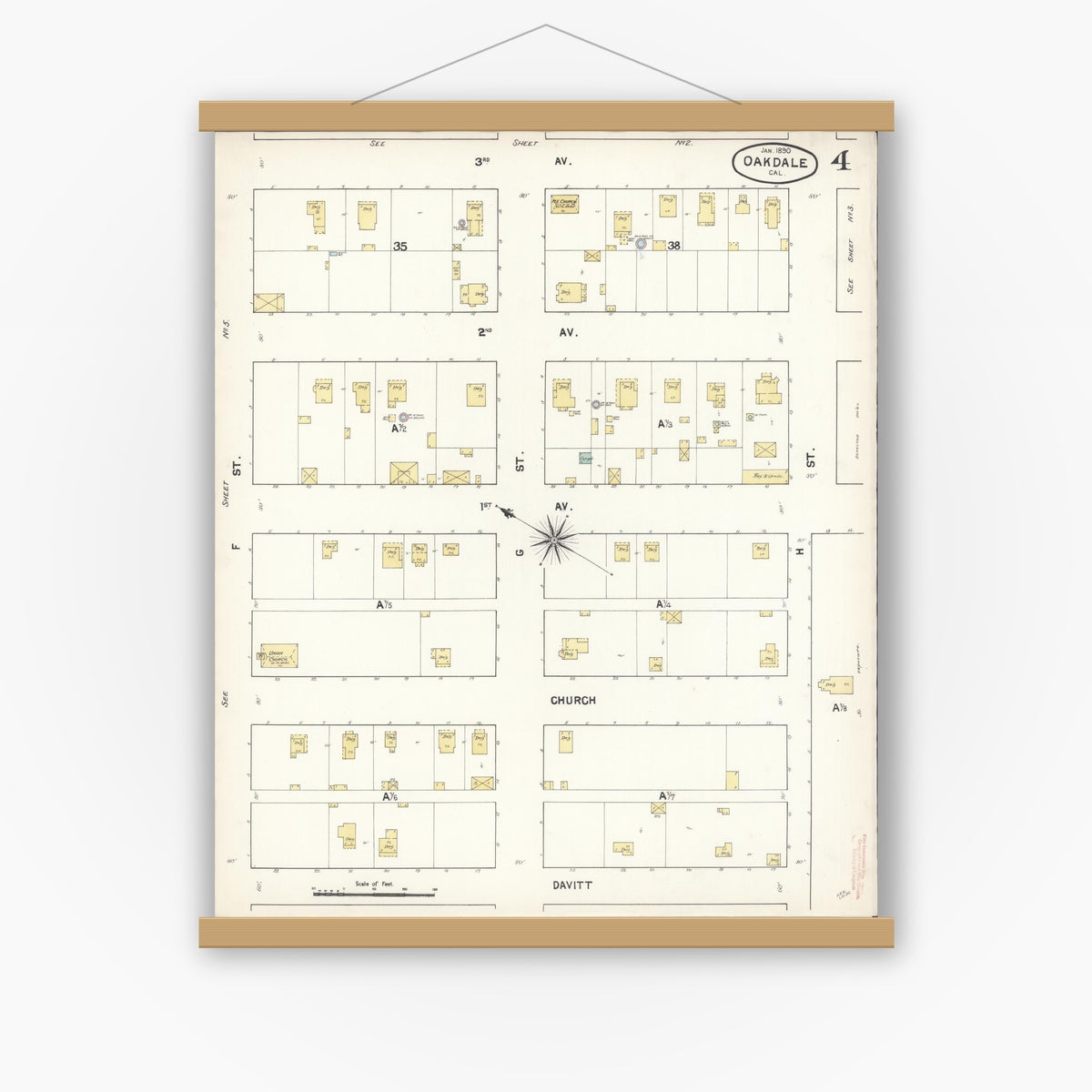 Old map wall art mockup — magnetic wood frame on white wall — Sanborn Fire Insurance Map from Oakdale, Stanislaus County, California (1890), Sheet #0004