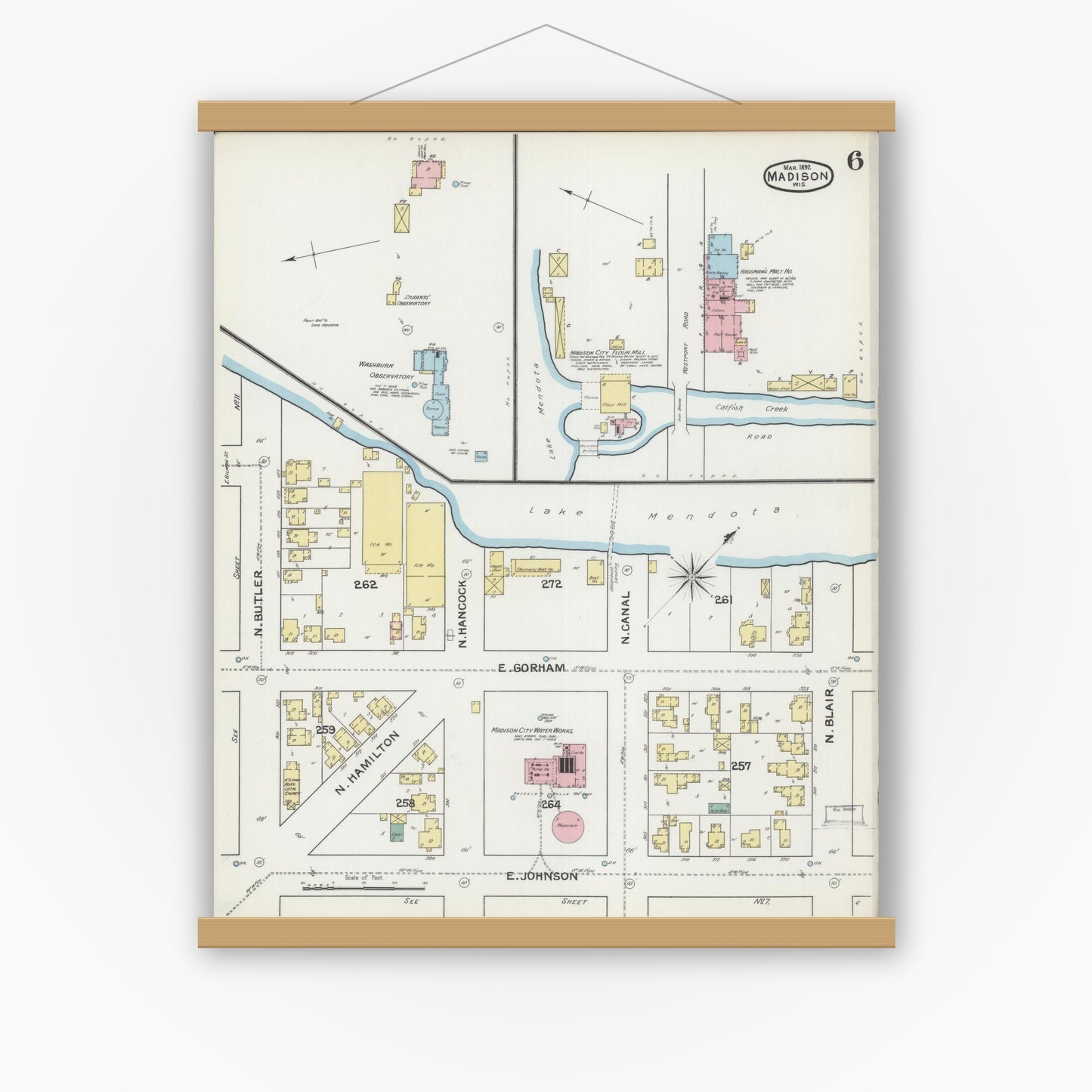 Old map wall art mockup — magnetic wood frame on white wall — Sanborn Fire Insurance Map from Madison, Dane County, Wisconsin (1892), Sheet #0006