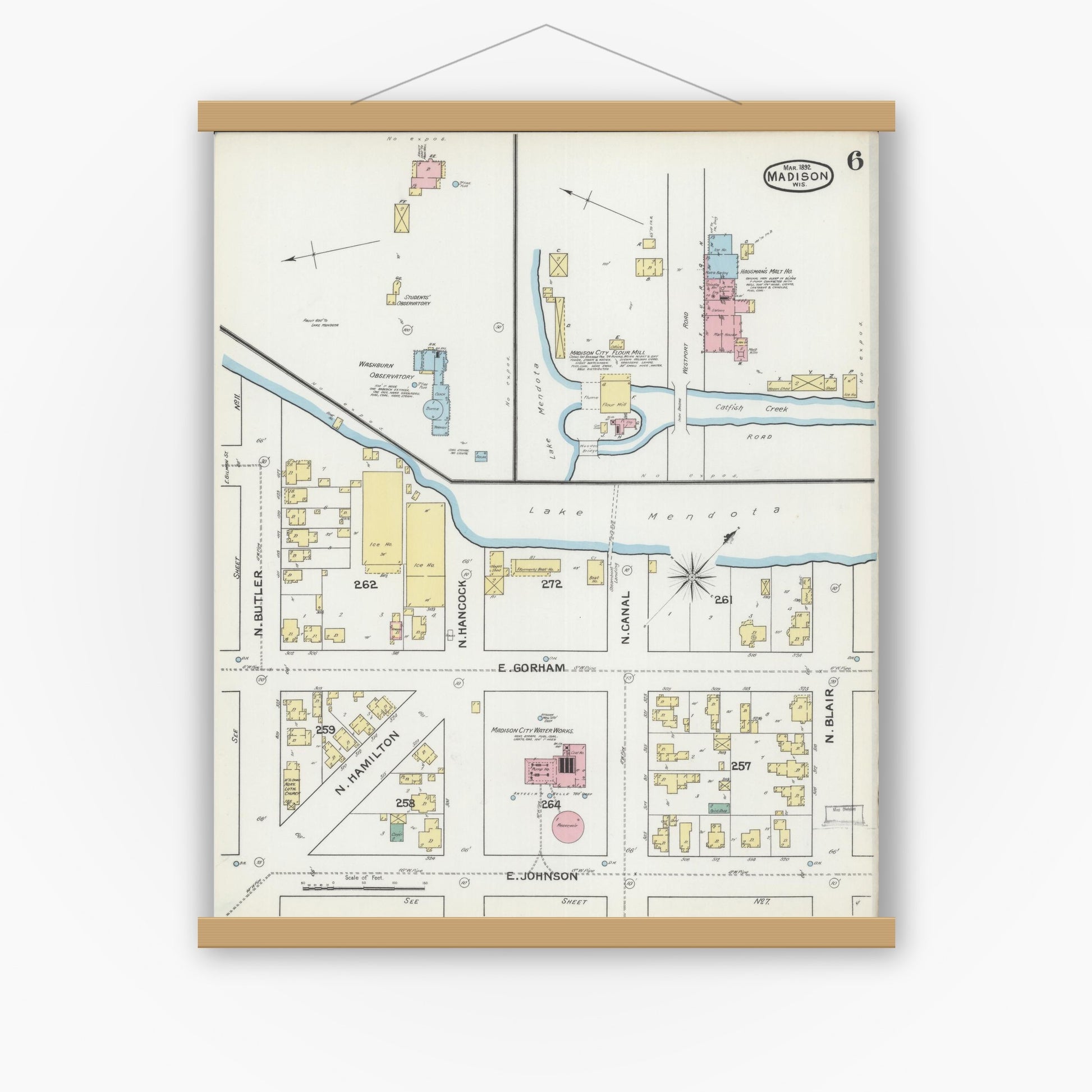 Old map wall art mockup — magnetic wood frame on white wall — Sanborn Fire Insurance Map from Madison, Dane County, Wisconsin (1892), Sheet #0006