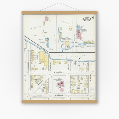 Old map wall art mockup — magnetic wood frame on white wall — Sanborn Fire Insurance Map from Madison, Dane County, Wisconsin (1892), Sheet #0006
