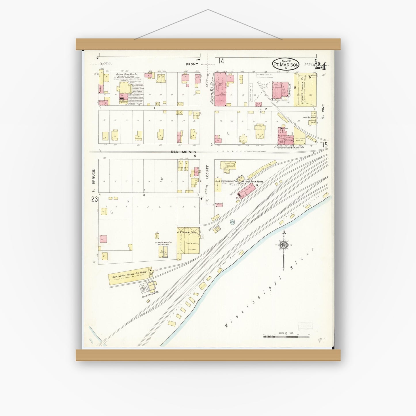 Old map wall art mockup — magnetic wood frame on white wall — Sanborn Fire Insurance Map from Fort Madison, Lee County, Iowa (1913), Sheet #0024