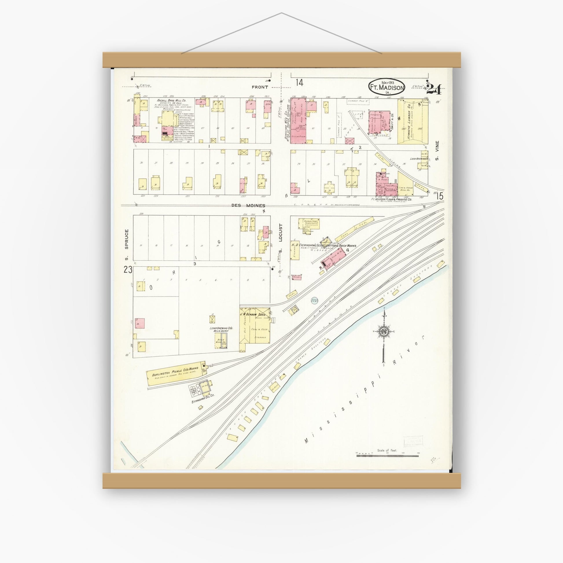 Old map wall art mockup — magnetic wood frame on white wall — Sanborn Fire Insurance Map from Fort Madison, Lee County, Iowa (1913), Sheet #0024