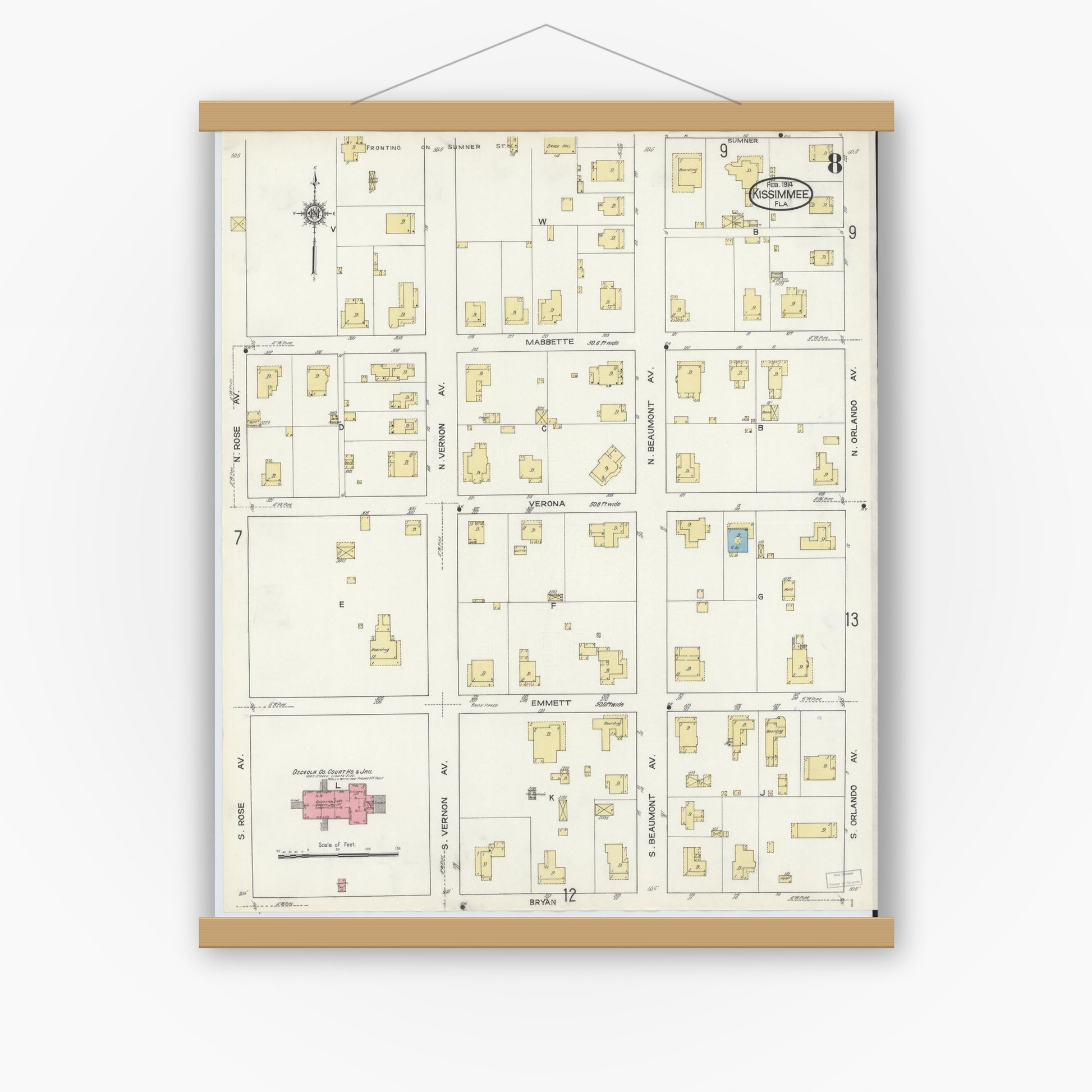 Old map wall art mockup — magnetic wood frame on white wall — Sanborn Fire Insurance Map from Kissimmee, Osceola County, Florida (1914), Sheet #0008