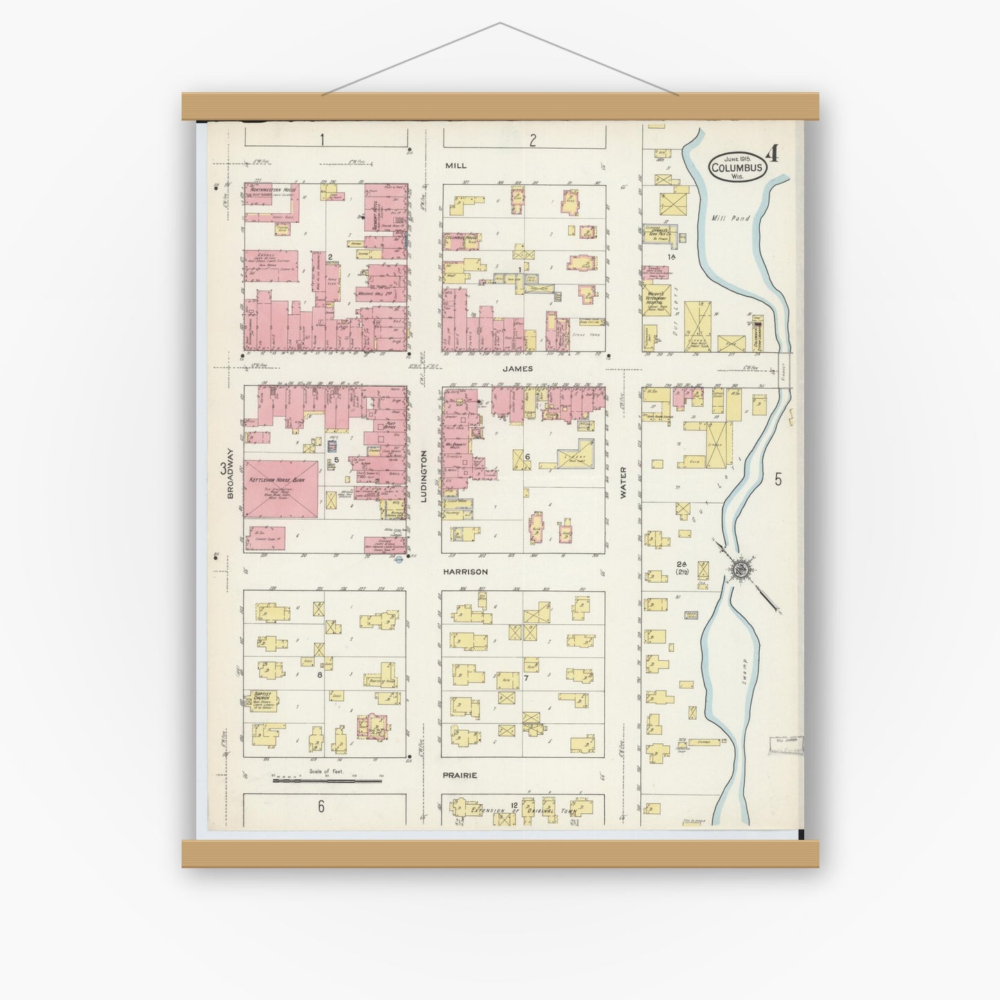Old map wall art mockup — magnetic wood frame on white wall — Sanborn Fire Insurance Map from Columbus, Columbia and Dodge County, Wisconsin (1915), Sheet #0004