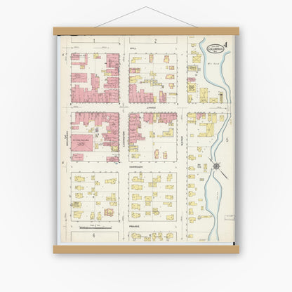 Old map wall art mockup — magnetic wood frame on white wall — Sanborn Fire Insurance Map from Columbus, Columbia and Dodge County, Wisconsin (1915), Sheet #0004