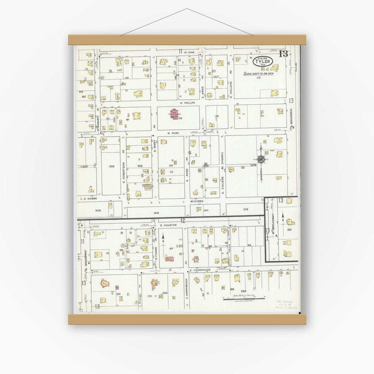 Old map wall art mockup — magnetic wood frame on white wall — Sanborn Fire Insurance Map from Tyler, Smith County, Texas (1919), Sheet #0013
