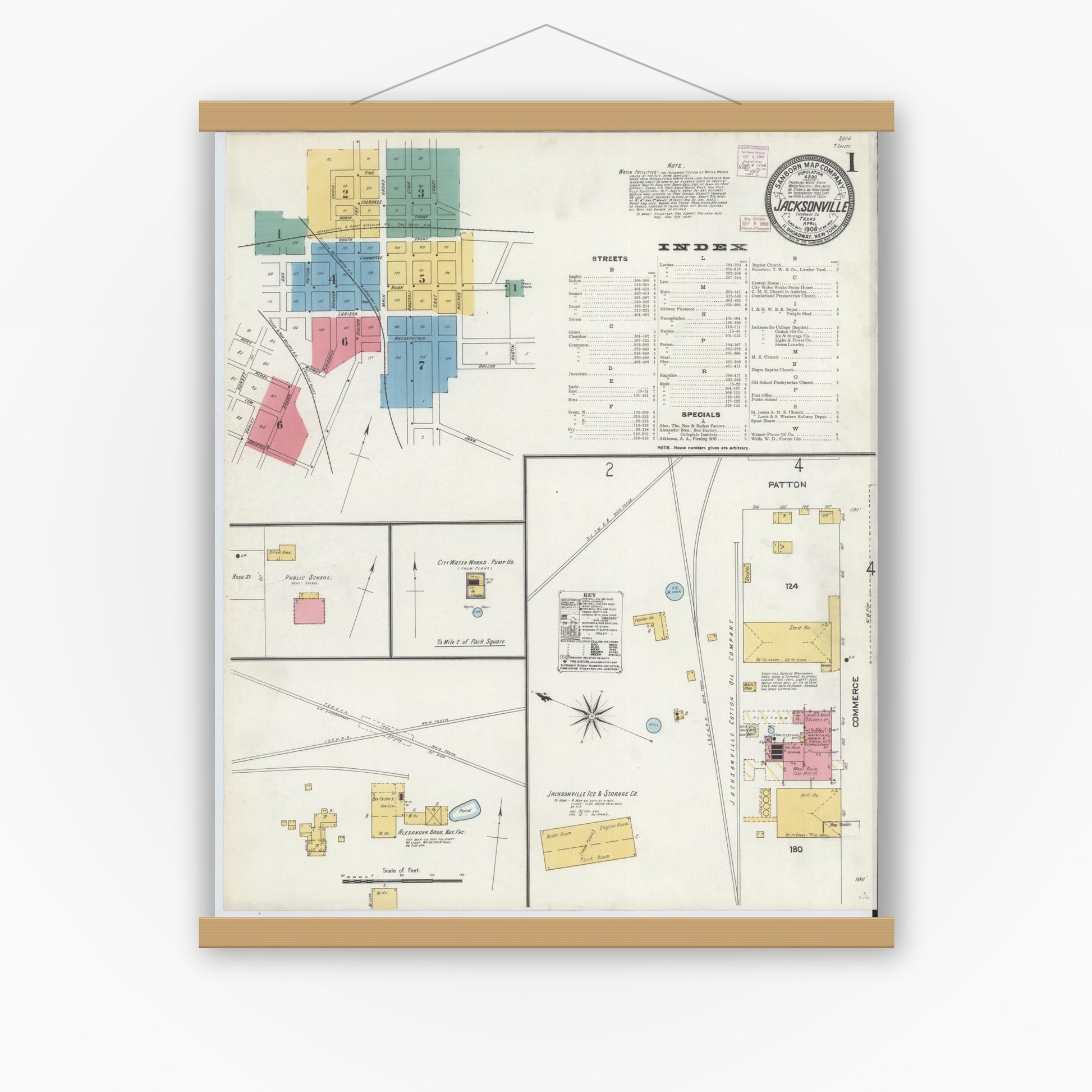 Old map wall art mockup — magnetic wood frame on white wall — Sanborn Fire Insurance Map from Jacksonville, Cherokee County, Texas (1906) - Complete Map Set