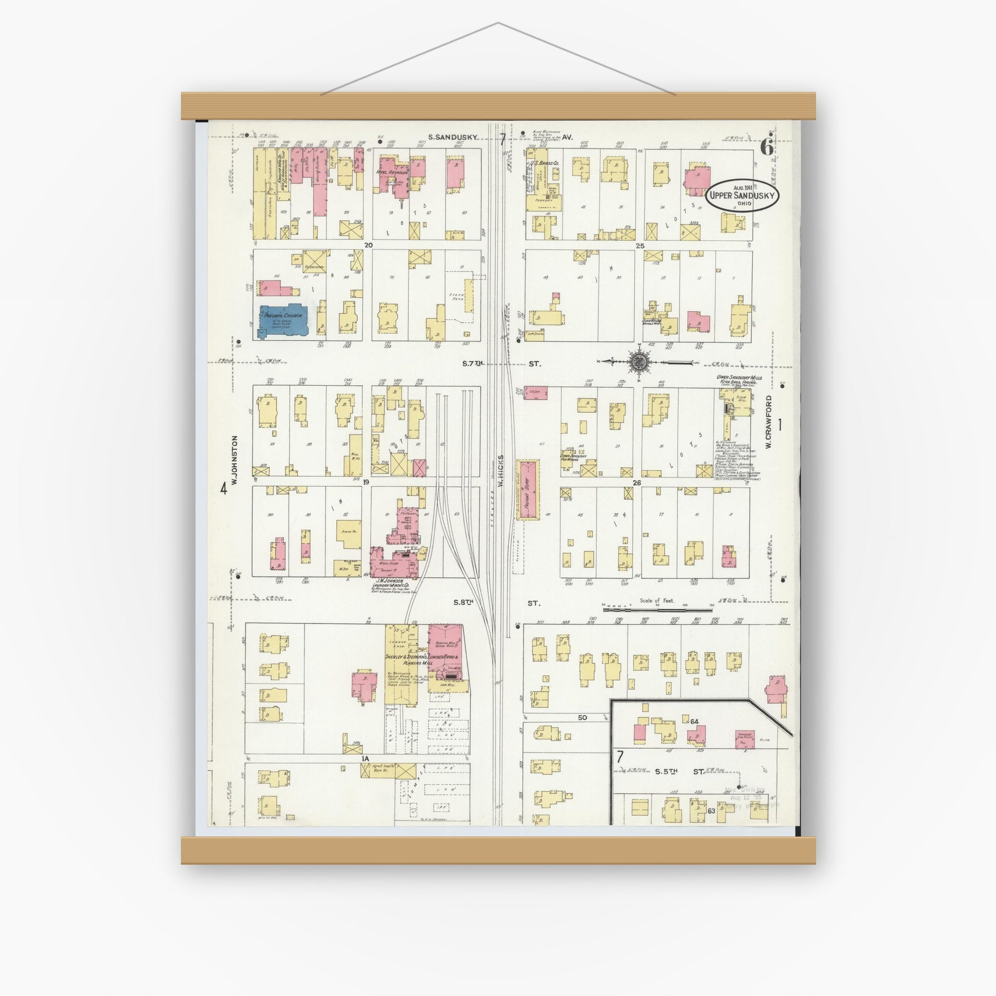 Old map wall art mockup — magnetic wood frame on white wall — Sanborn Fire Insurance Map from Upper Sandusky, Wyandot County, Ohio (1911), Sheet #0006