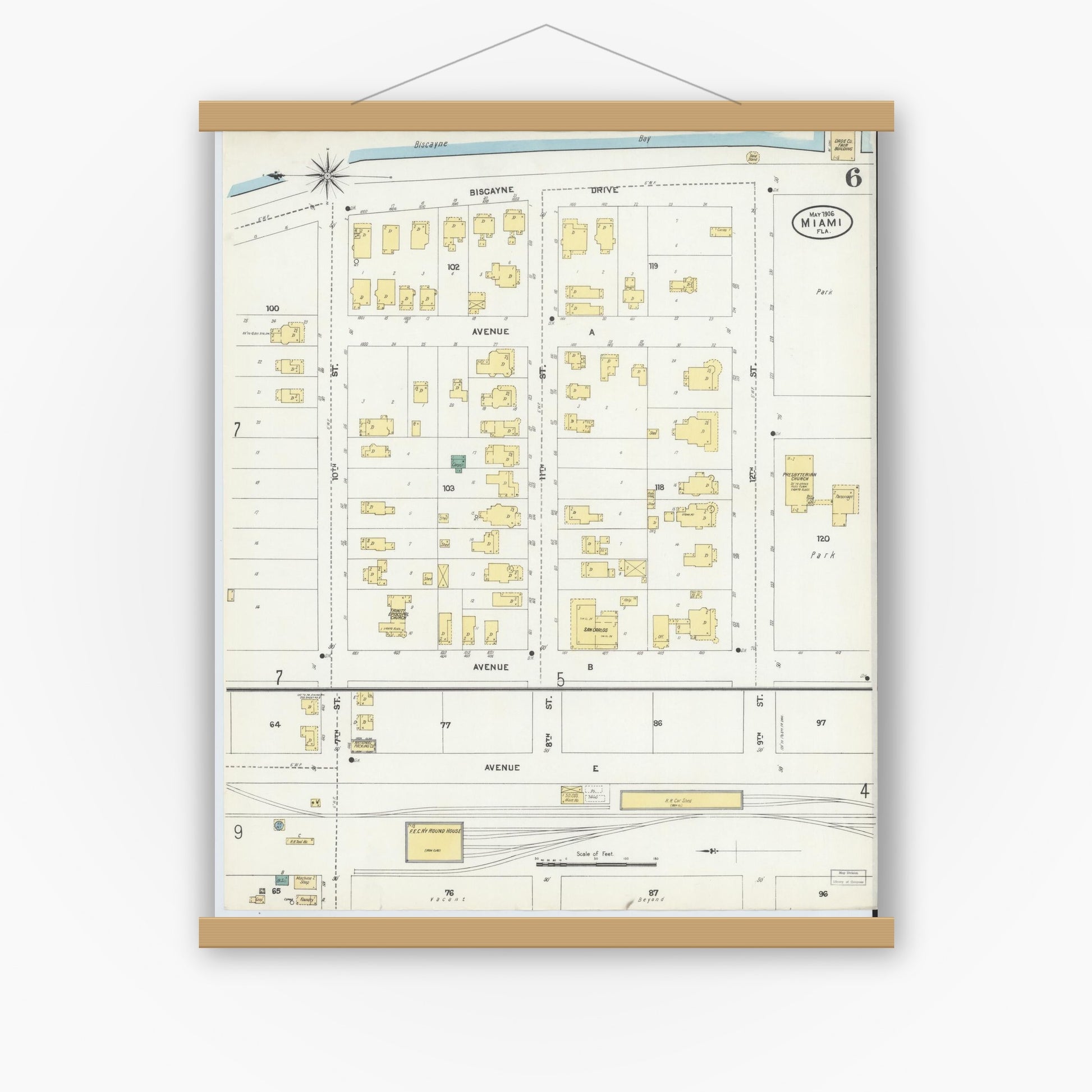 Old map wall art mockup — magnetic wood frame on white wall — Sanborn Fire Insurance Map from Miami, Dade County, Florida (1906), Sheet #0006