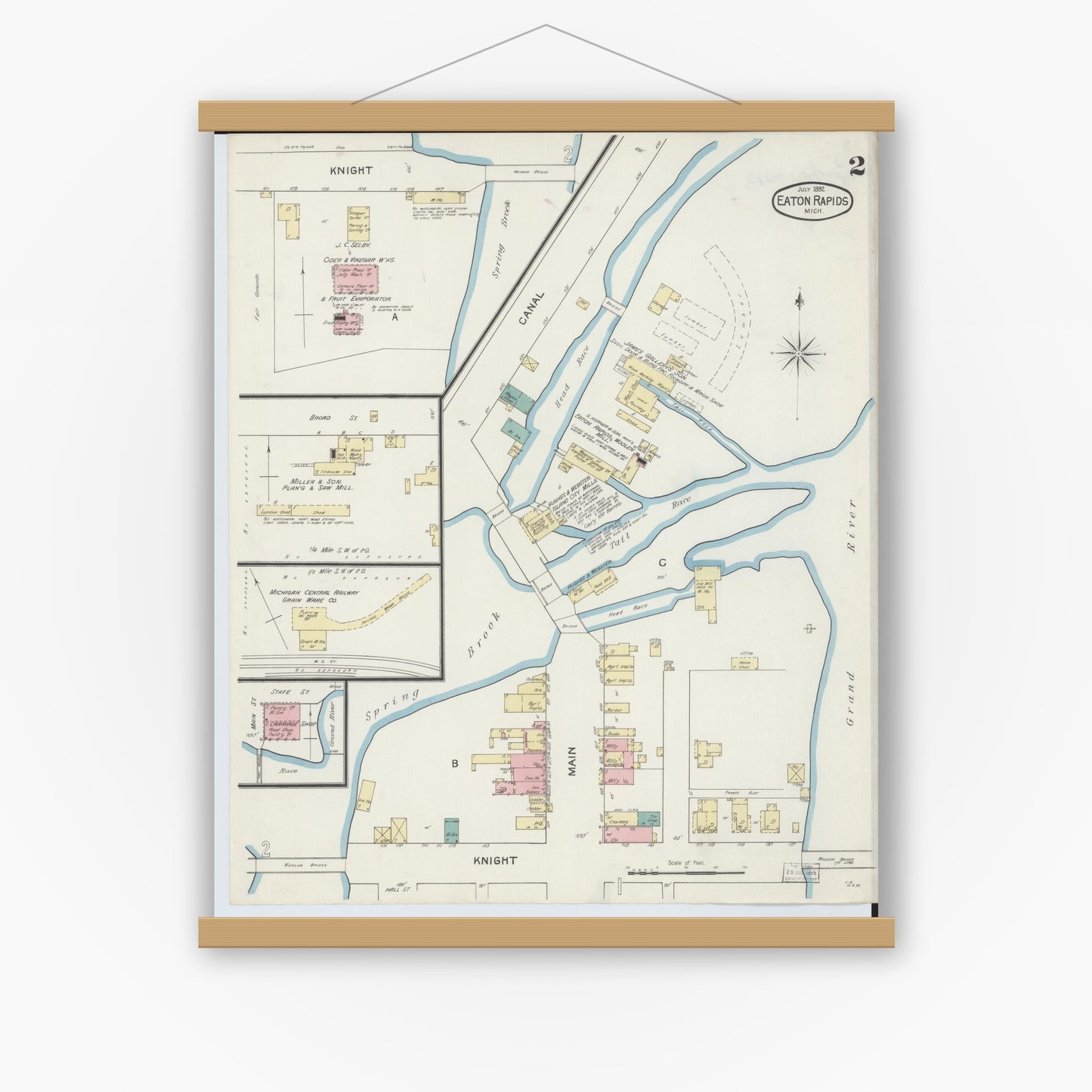 Old map wall art mockup — magnetic wood frame on white wall — Sanborn Fire Insurance Map from Eaton Rapids, Eaton County, Michigan (1892), Sheet #0002