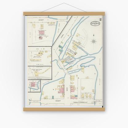Old map wall art mockup — magnetic wood frame on white wall — Sanborn Fire Insurance Map from Eaton Rapids, Eaton County, Michigan (1892), Sheet #0002