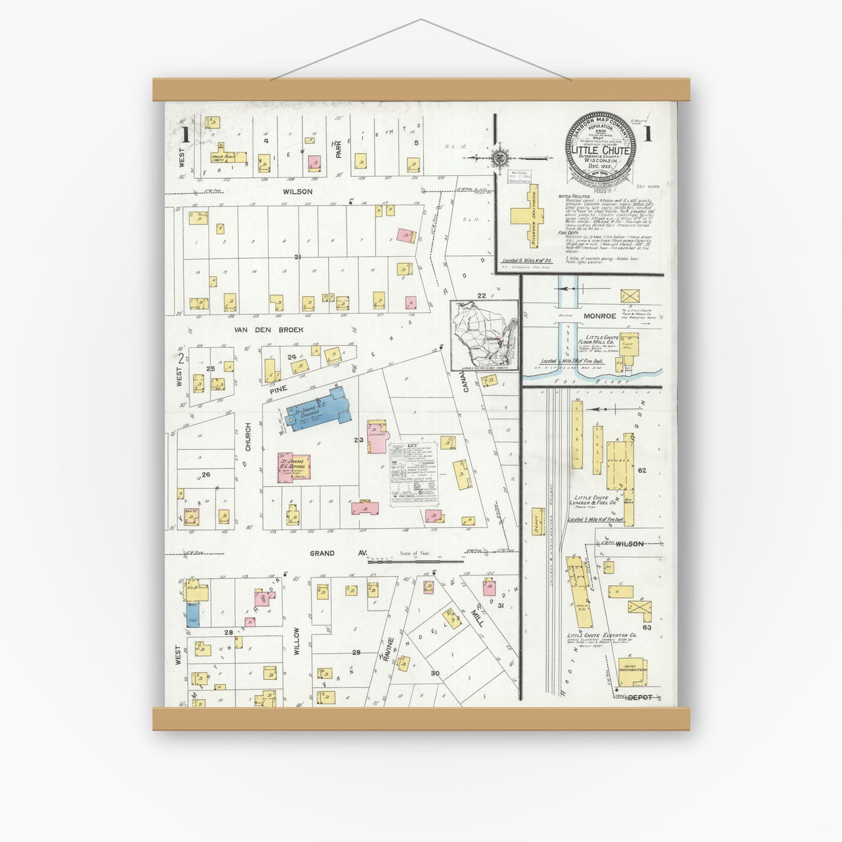 Old map wall art mockup — magnetic wood frame on white wall — Sanborn Fire Insurance Map from Little Chute, Outagamie County, Wisconsin (1925) - Complete Map Set