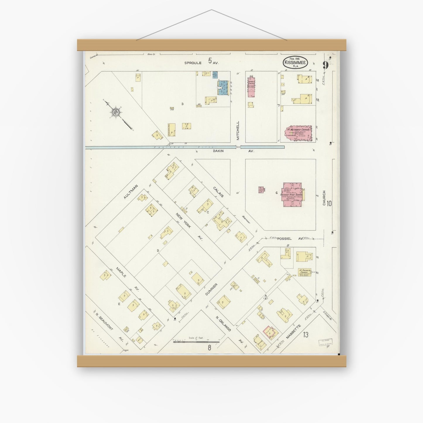 Old map wall art mockup — magnetic wood frame on white wall — Sanborn Fire Insurance Map from Kissimmee, Osceola County, Florida (1914), Sheet #0009