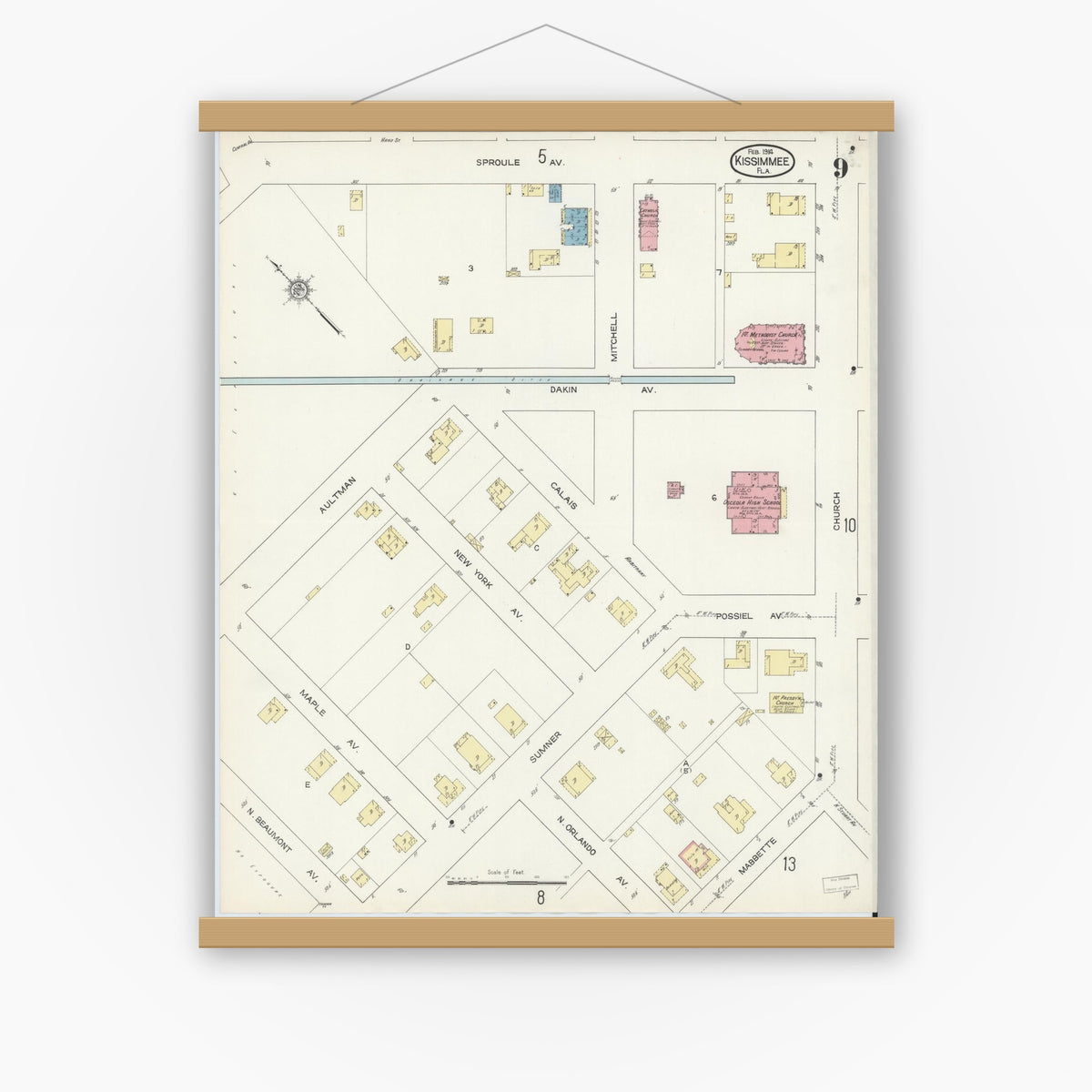Old map wall art mockup — magnetic wood frame on white wall — Sanborn Fire Insurance Map from Kissimmee, Osceola County, Florida (1914), Sheet #0009