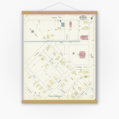 Old map wall art mockup — magnetic wood frame on white wall — Sanborn Fire Insurance Map from Kissimmee, Osceola County, Florida (1914), Sheet #0009