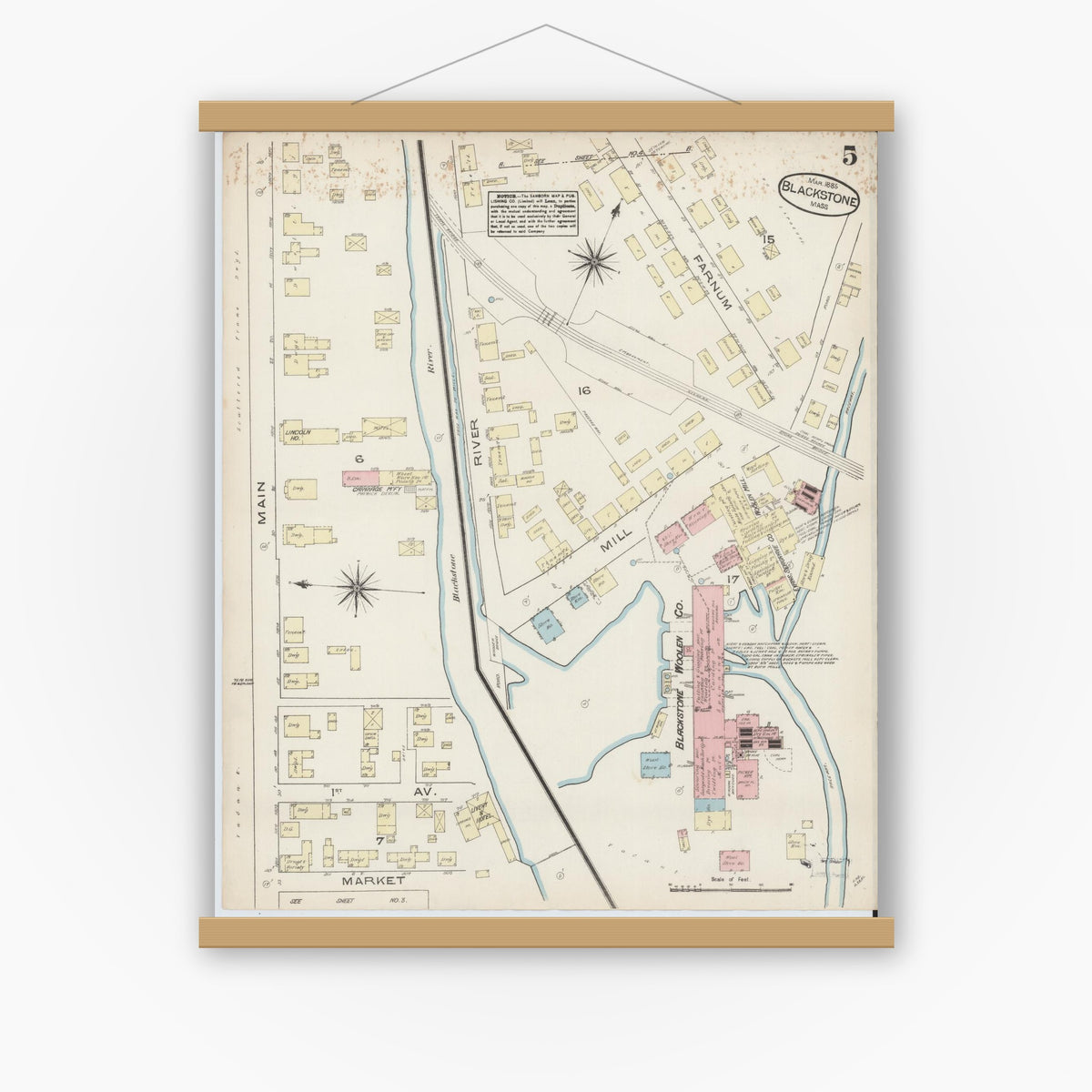 Old map wall art mockup — magnetic wood frame on white wall — Sanborn Fire Insurance Map from Blackstone, Worcester County, Massachusetts (1885), Sheet #0005