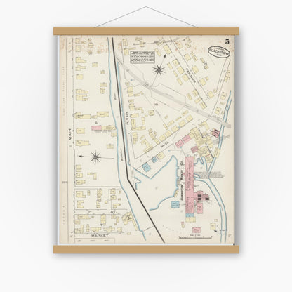Old map wall art mockup — magnetic wood frame on white wall — Sanborn Fire Insurance Map from Blackstone, Worcester County, Massachusetts (1885), Sheet #0005