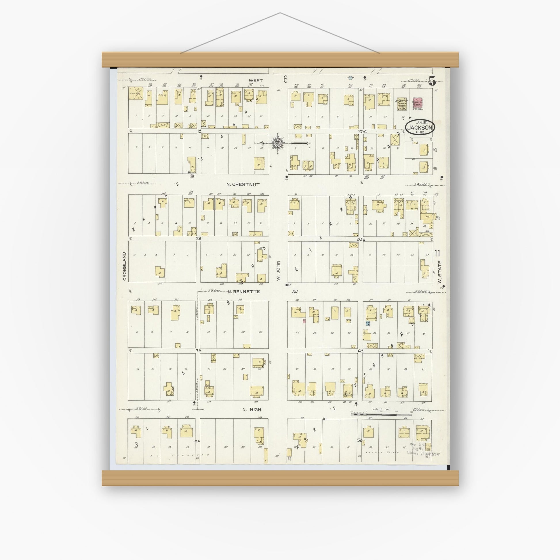 Old map wall art mockup — magnetic wood frame on white wall — Sanborn Fire Insurance Map from Jackson, Jackson County, Ohio (1914), Sheet #0005