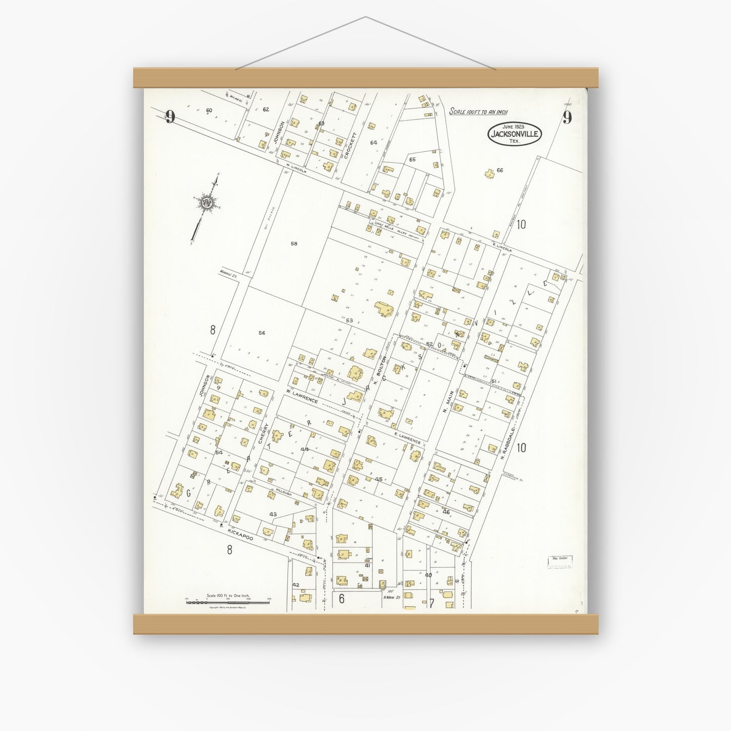 Old map wall art mockup — magnetic wood frame on white wall — Sanborn Fire Insurance Map from Jacksonville, Cherokee County, Texas (1923), Sheet #0009