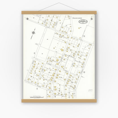 Old map wall art mockup — magnetic wood frame on white wall — Sanborn Fire Insurance Map from Jacksonville, Cherokee County, Texas (1923), Sheet #0009