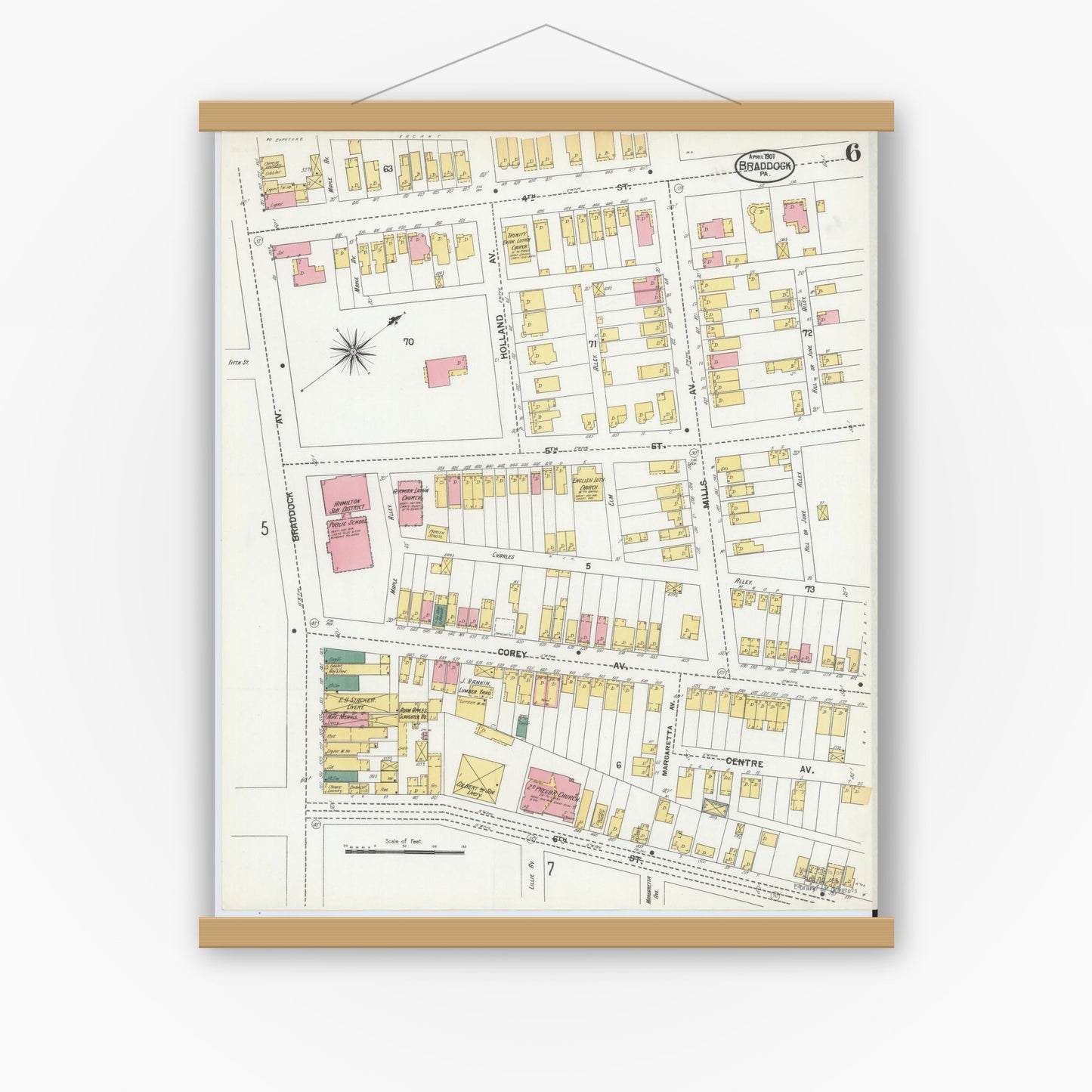 Old map wall art mockup — magnetic wood frame on white wall — Sanborn Fire Insurance Map from Braddock, Allegheny County, Pennsylvania (1901), Sheet #0006