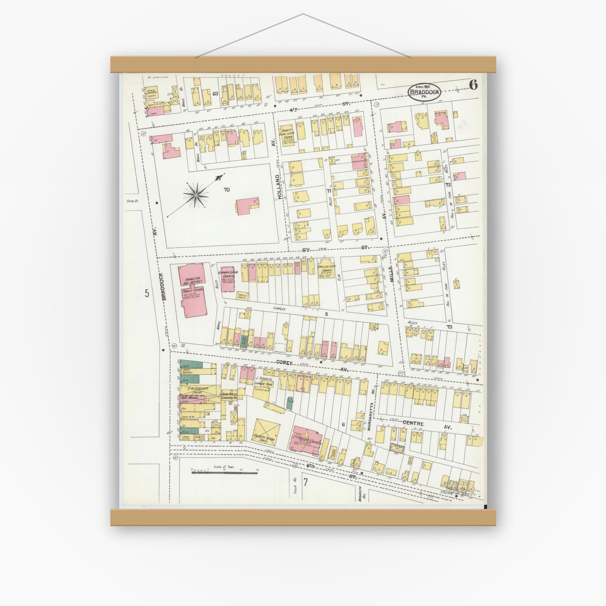 Old map wall art mockup — magnetic wood frame on white wall — Sanborn Fire Insurance Map from Braddock, Allegheny County, Pennsylvania (1901), Sheet #0006