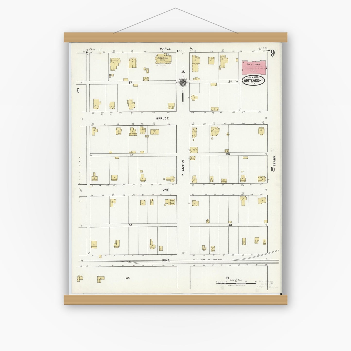 Old map wall art mockup — magnetic wood frame on white wall — Sanborn Fire Insurance Map from Whitewright, Grayson County, Texas (1920), Sheet #0009