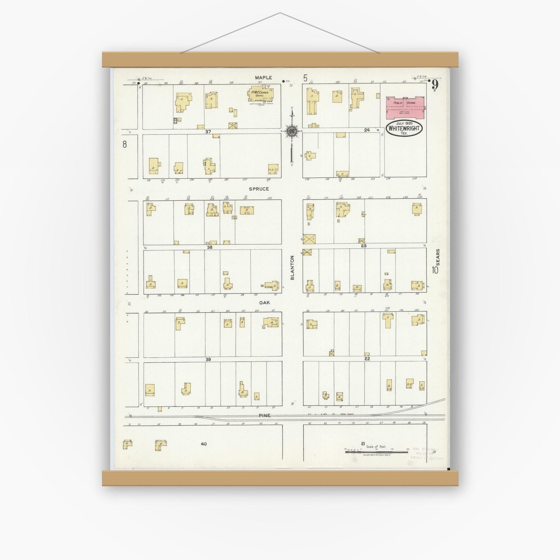 Old map wall art mockup — magnetic wood frame on white wall — Sanborn Fire Insurance Map from Whitewright, Grayson County, Texas (1920), Sheet #0009