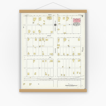 Old map wall art mockup — magnetic wood frame on white wall — Sanborn Fire Insurance Map from Whitewright, Grayson County, Texas (1920), Sheet #0009