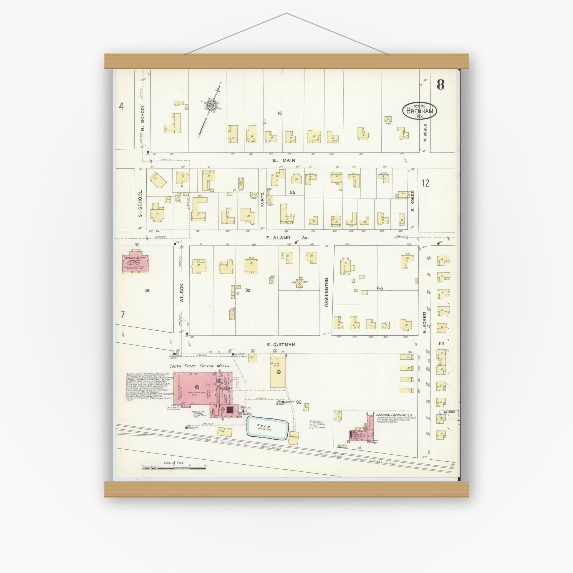 Old map wall art mockup — magnetic wood frame on white wall — Sanborn Fire Insurance Map from Brenham, Washington County, Texas (1912), Sheet #0008
