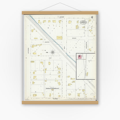 Old map wall art mockup — magnetic wood frame on white wall — Sanborn Fire Insurance Map from Gardner, Grundy County, Illinois (1907), Sheet #0004