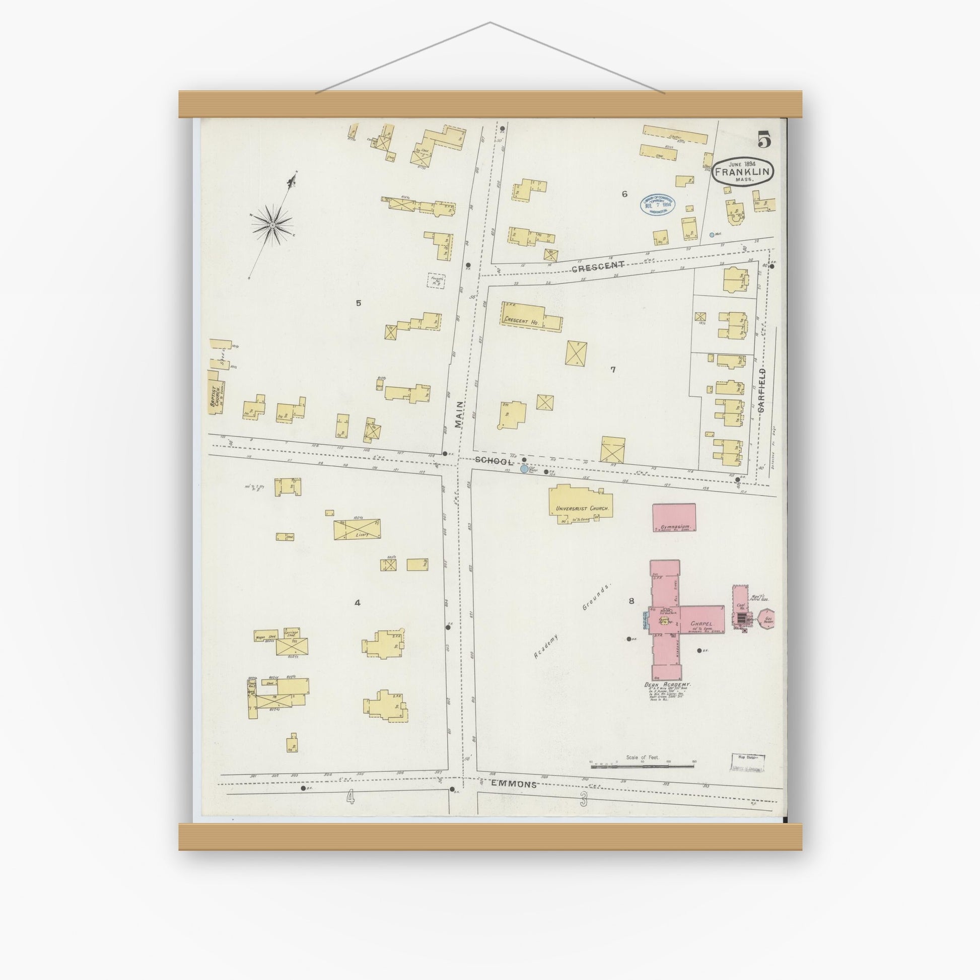Old map wall art mockup — magnetic wood frame on white wall — Sanborn Fire Insurance Map from Franklin, Norfolk County, Massachusetts (1894), Sheet #0005