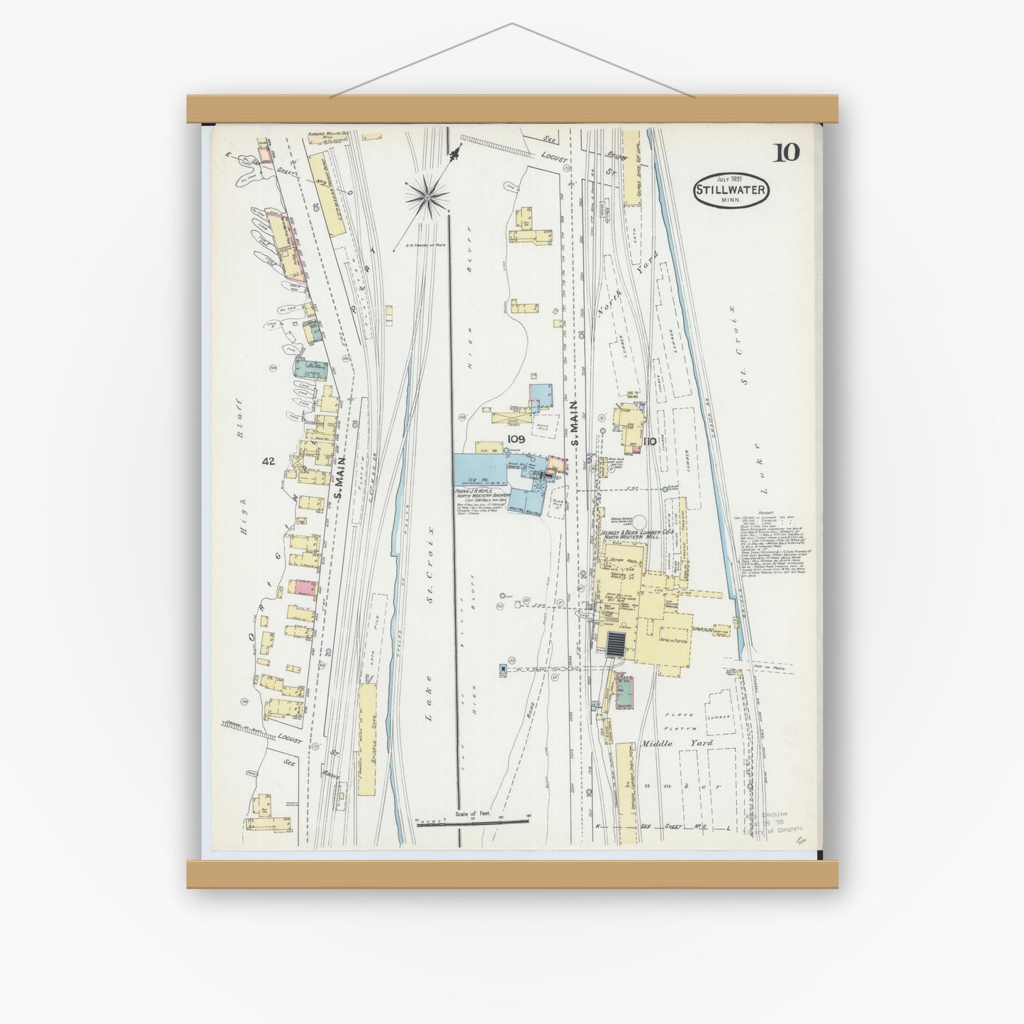 Old map wall art mockup — magnetic wood frame on white wall — Sanborn Fire Insurance Map from Stillwater, Washington County, Minnesota (1891), Sheet #0010