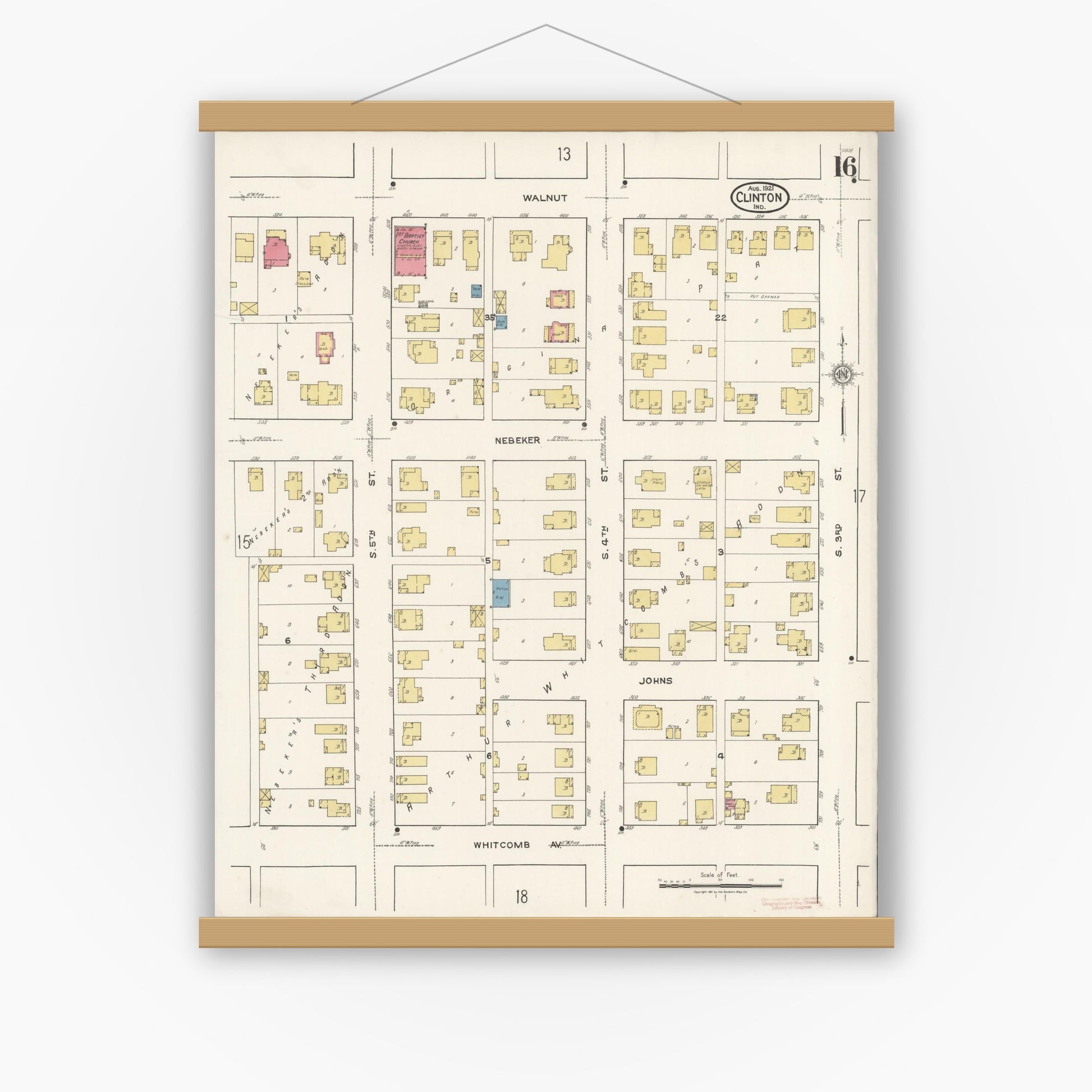 Old map wall art mockup — magnetic wood frame on white wall — Sanborn Fire Insurance Map from Clinton, Vermillion County, Indiana (1921), Sheet #0016
