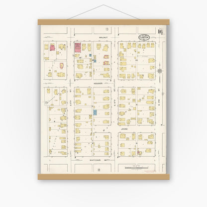 Old map wall art mockup — magnetic wood frame on white wall — Sanborn Fire Insurance Map from Clinton, Vermillion County, Indiana (1921), Sheet #0016