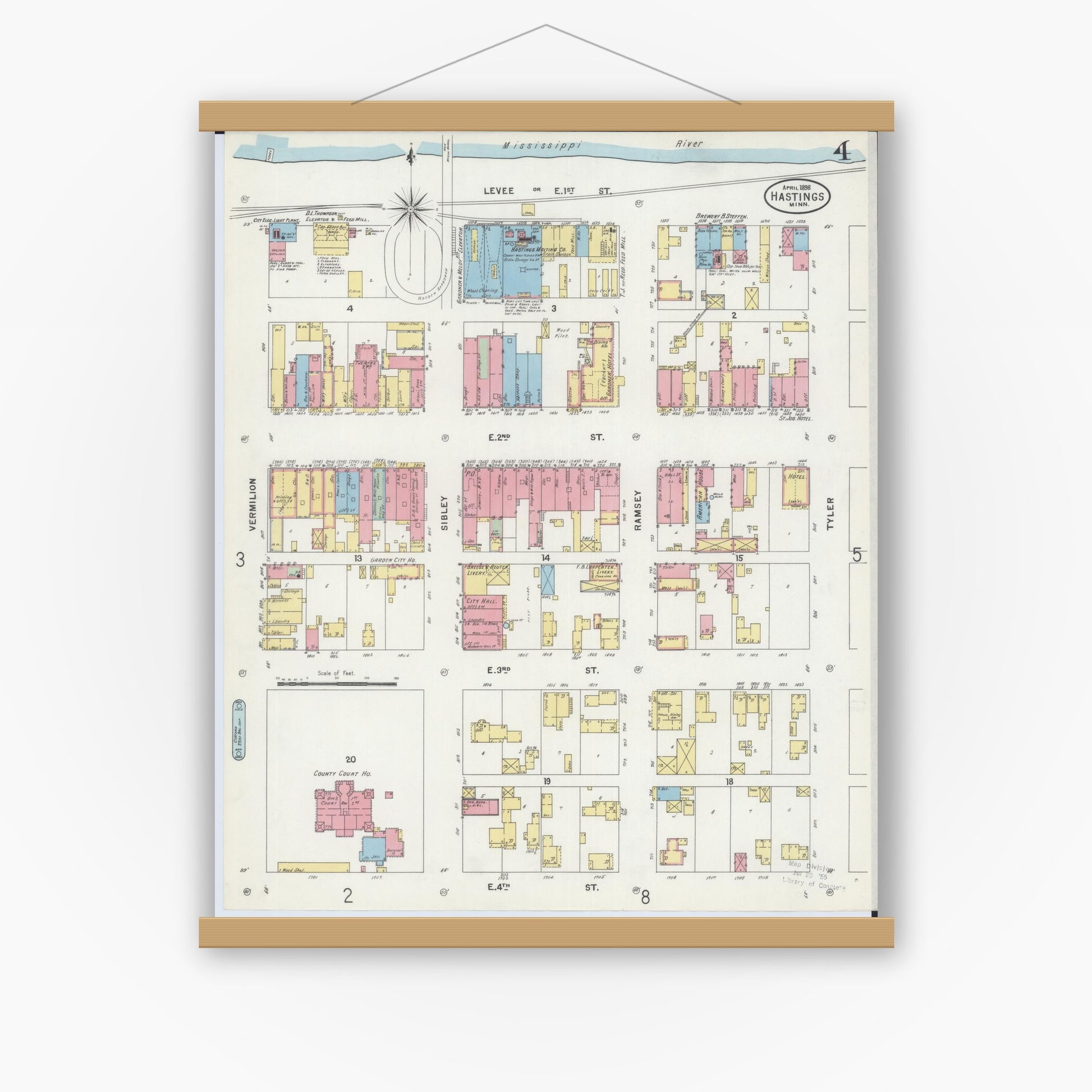 Old map wall art mockup — magnetic wood frame on white wall — Sanborn Fire Insurance Map from Hastings, Dakota County, Minnesota (1898), Sheet #0004