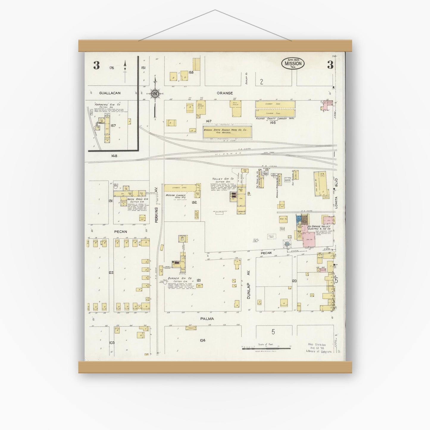 Old map wall art mockup — magnetic wood frame on white wall — Sanborn Fire Insurance Map from Mission, Hidalgo County, Texas (1925), Sheet #0003