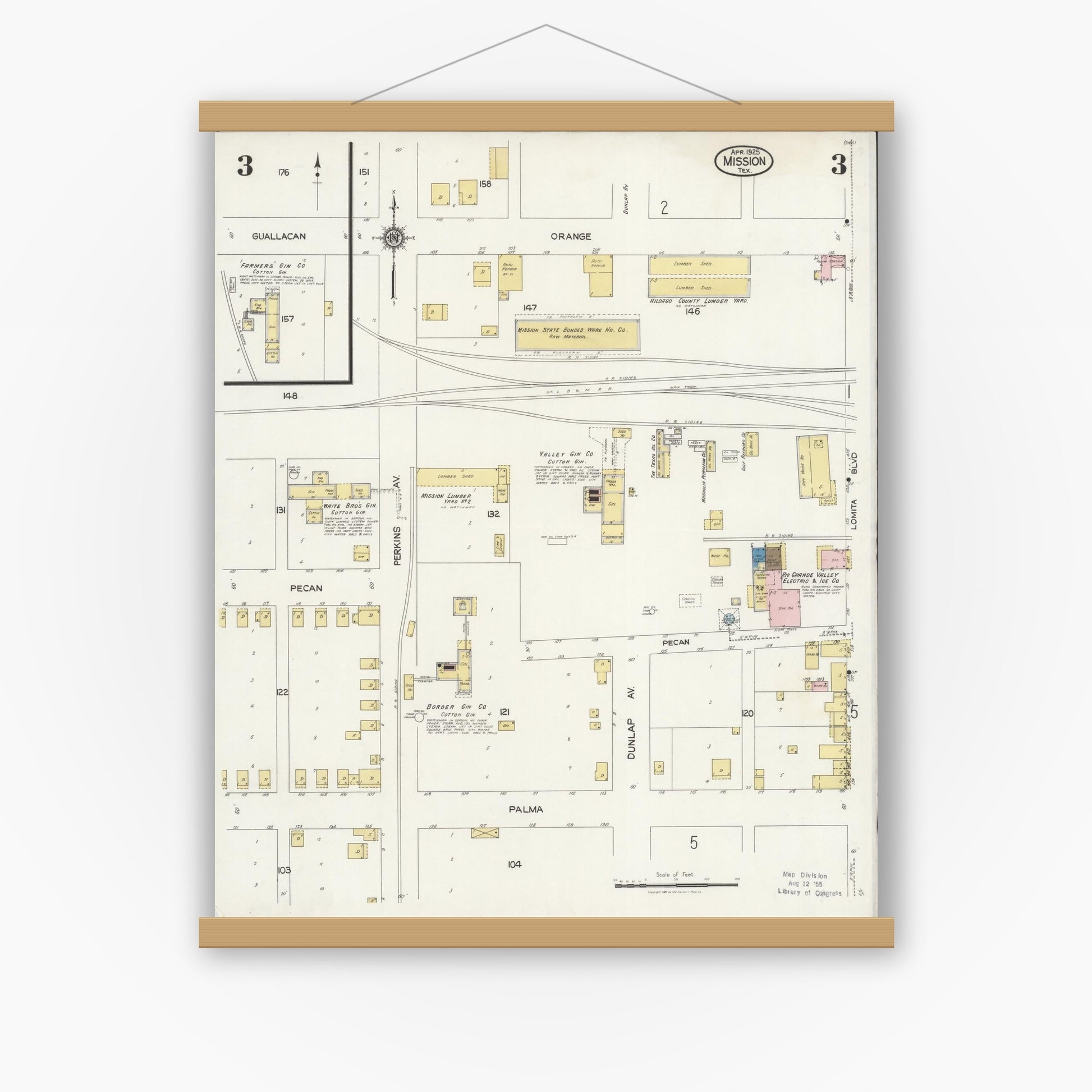 Old map wall art mockup — magnetic wood frame on white wall — Sanborn Fire Insurance Map from Mission, Hidalgo County, Texas (1925), Sheet #0003
