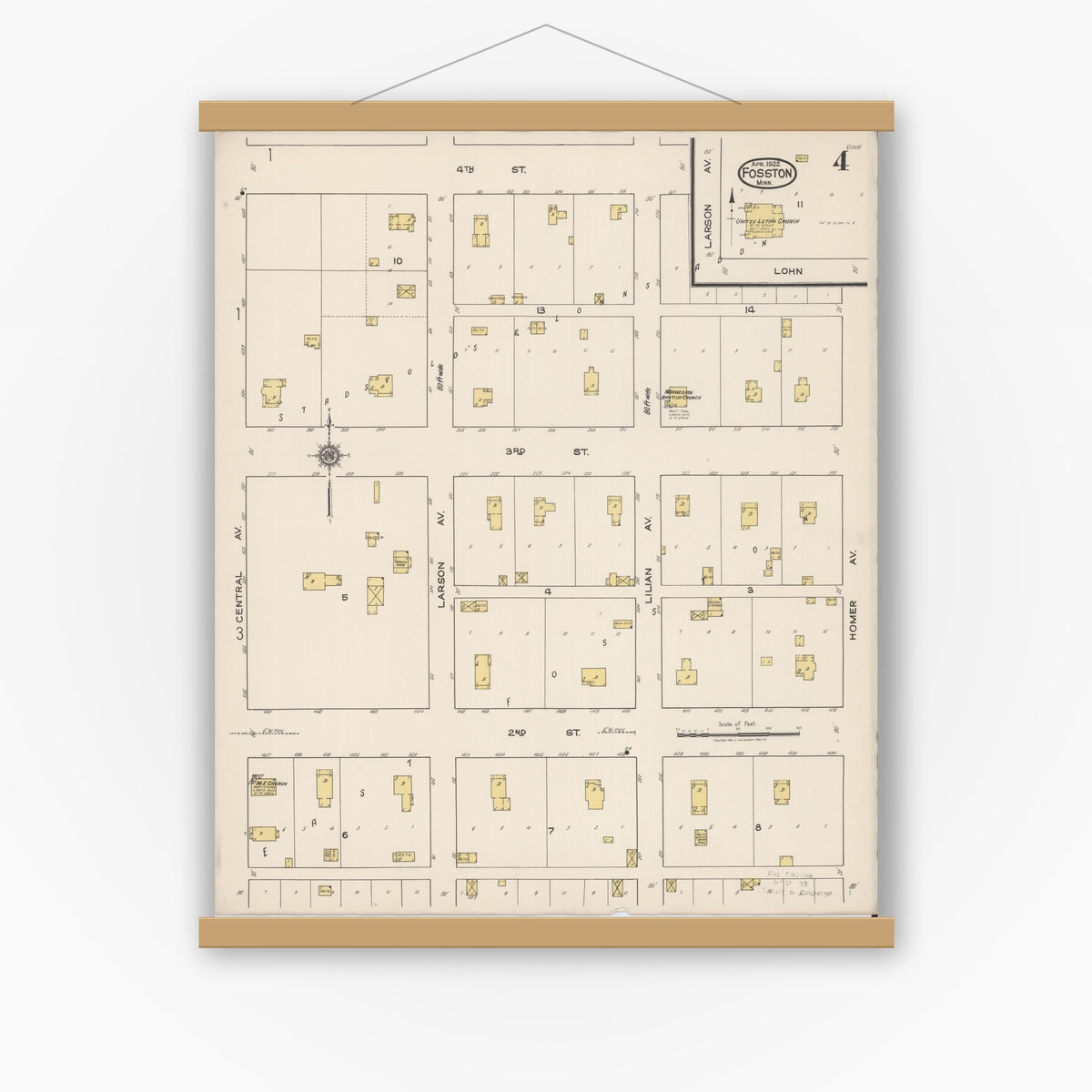Old map wall art mockup — magnetic wood frame on white wall — Sanborn Fire Insurance Map from Fosston, Polk County, Minnesota (1922), Sheet #0004