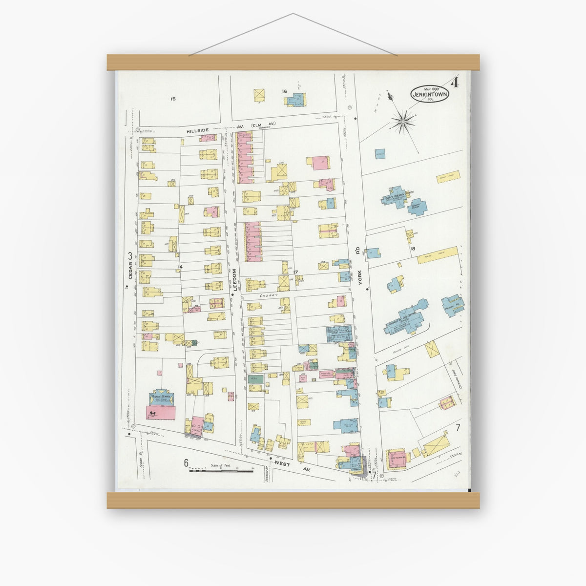 Old map wall art mockup — magnetic wood frame on white wall — Sanborn Fire Insurance Map from Jenkintown, Montgomery County, Pennsylvania (1909), Sheet #0004