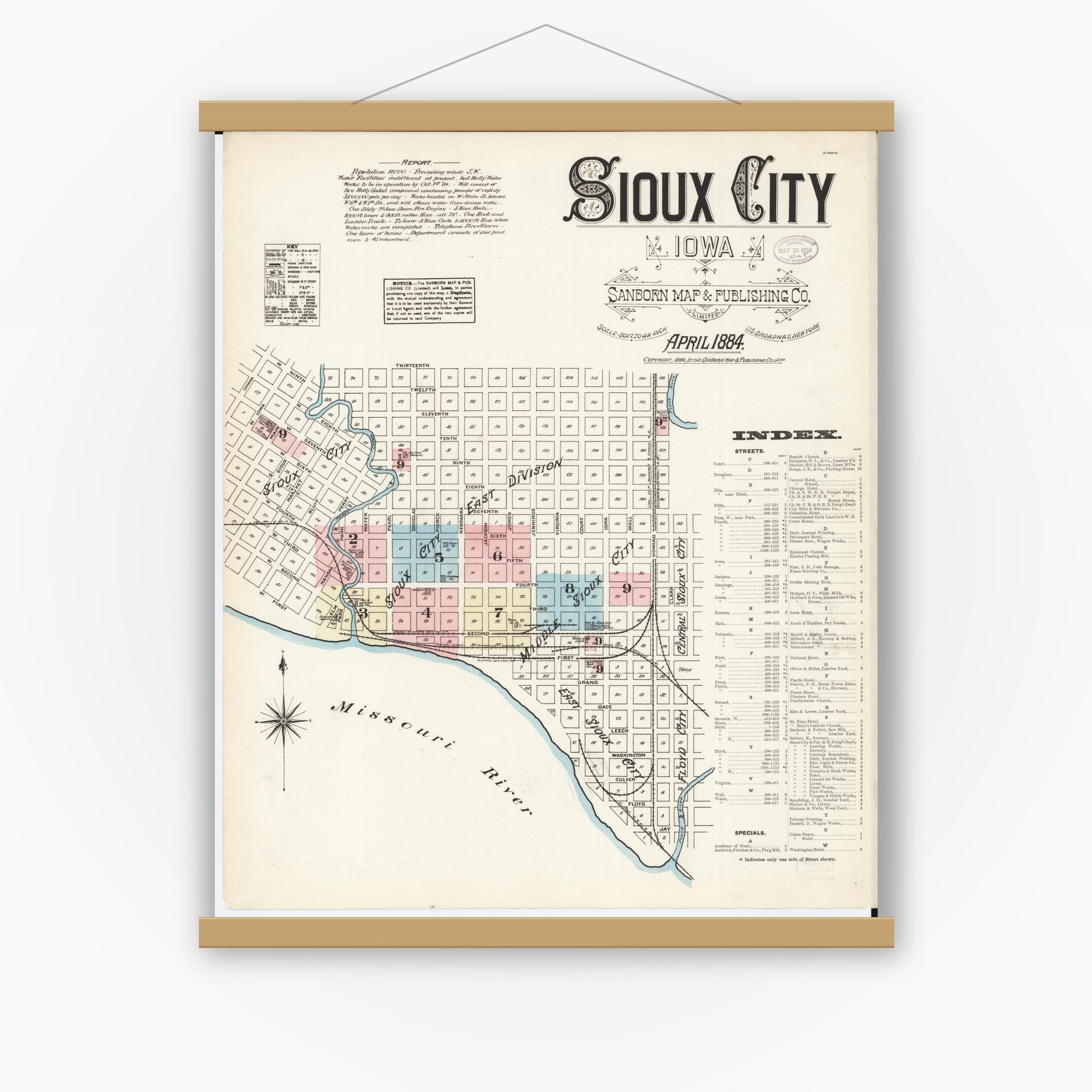 Old map wall art mockup — magnetic wood frame on white wall — Sanborn Fire Insurance Map from Sioux City, Woodbury County, Iowa (1884), Sheet #0001