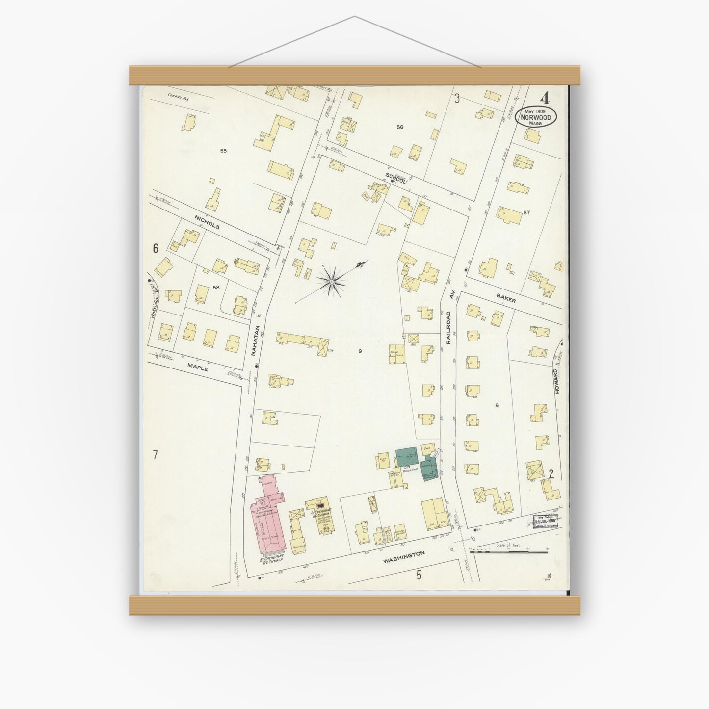 Old map wall art mockup — magnetic wood frame on white wall — Sanborn Fire Insurance Map from Norwood, Norfolk County, Massachusetts (1909), Sheet #0004