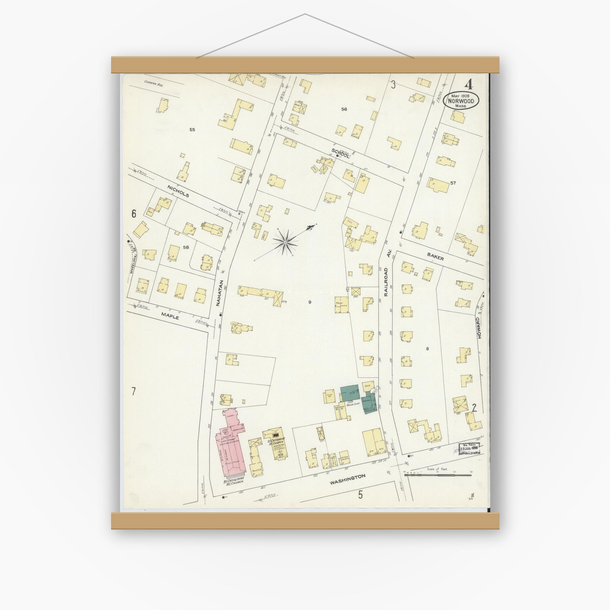 Old map wall art mockup — magnetic wood frame on white wall — Sanborn Fire Insurance Map from Norwood, Norfolk County, Massachusetts (1909), Sheet #0004