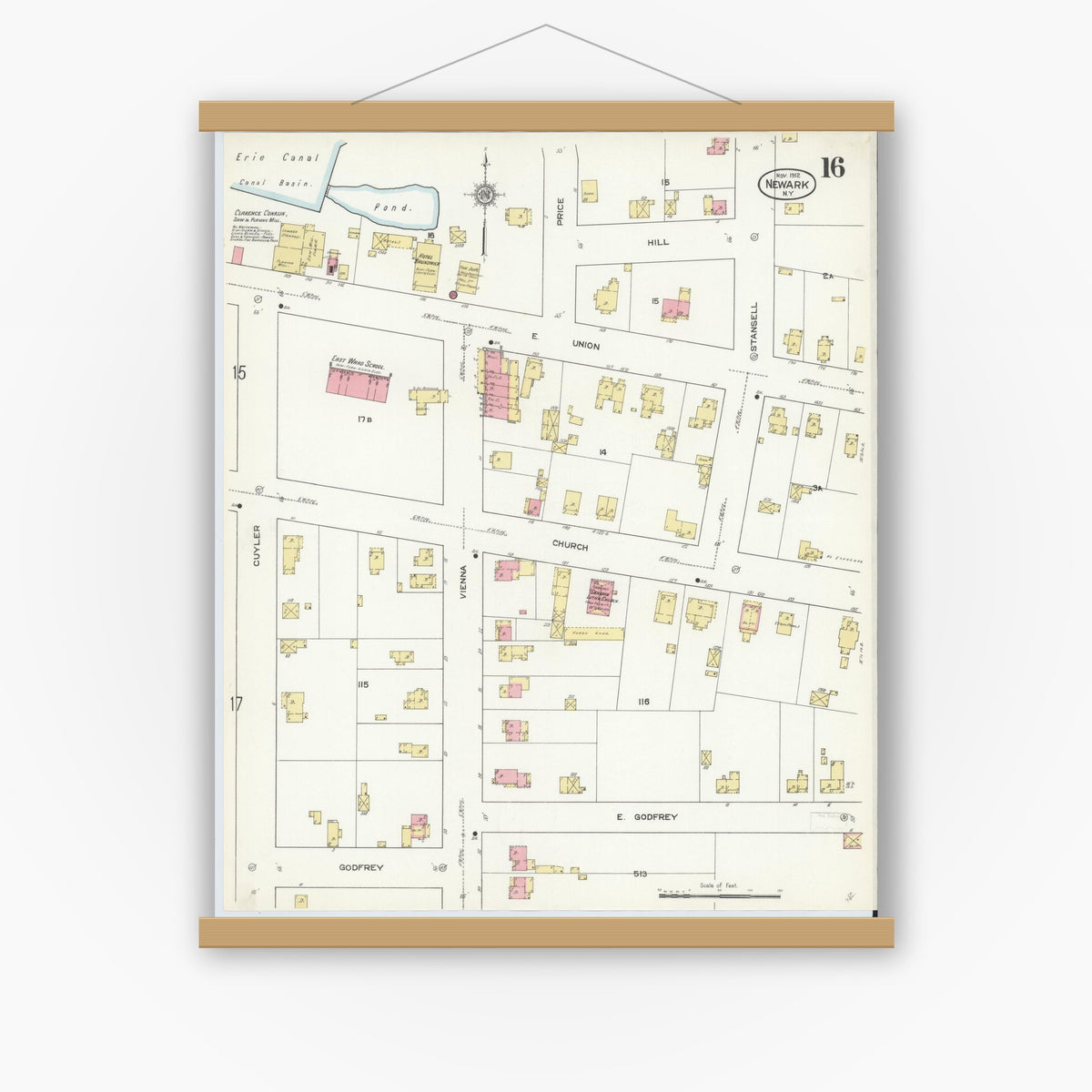 Old map wall art mockup — magnetic wood frame on white wall — Sanborn Fire Insurance Map from Newark, Wayne County, New York (1912), Sheet #0016