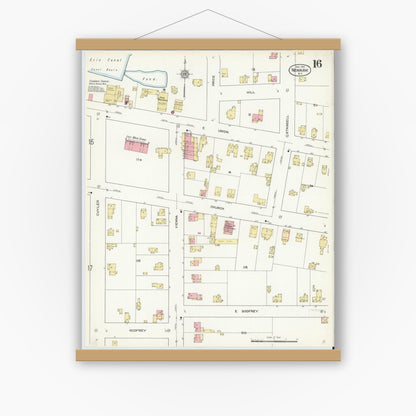 Old map wall art mockup — magnetic wood frame on white wall — Sanborn Fire Insurance Map from Newark, Wayne County, New York (1912), Sheet #0016