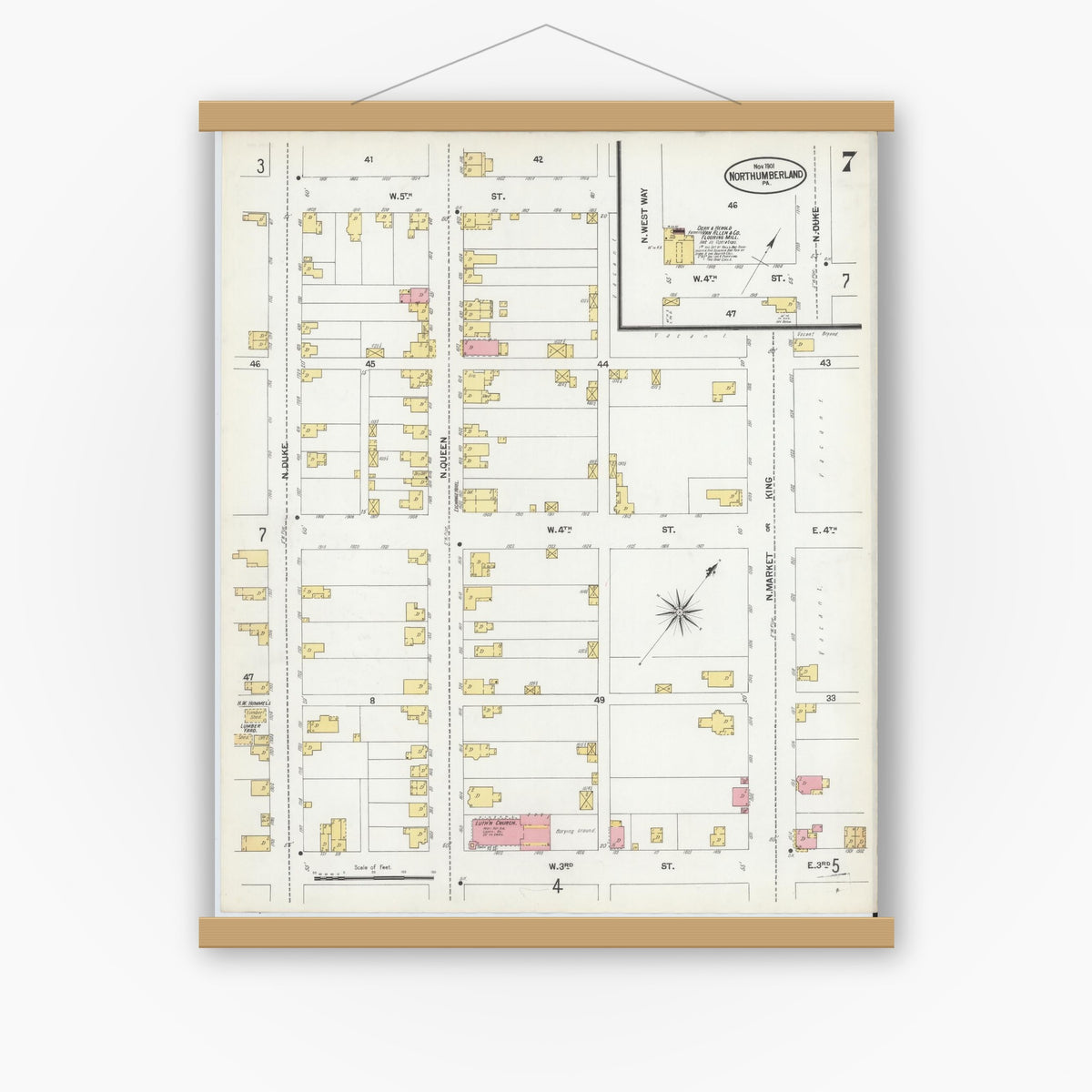 Old map wall art mockup — magnetic wood frame on white wall — Sanborn Fire Insurance Map from Northumberland, Northumberland County, Pennsylvania (1901), Sheet #0007