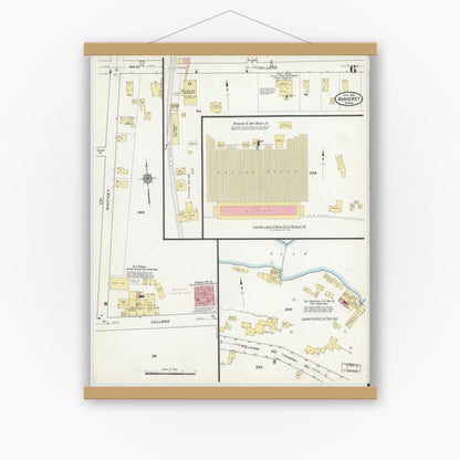 Old map wall art mockup — magnetic wood frame on white wall — Sanborn Fire Insurance Map from Amherst, Hampshire County, Massachusetts (1916), Sheet #0006