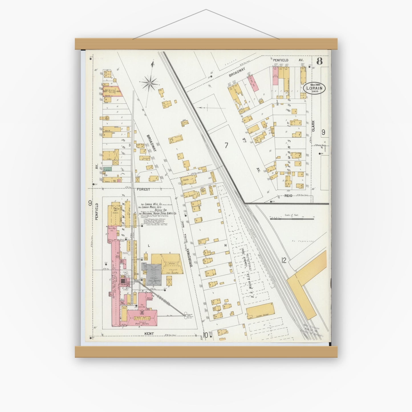 Old map wall art mockup — magnetic wood frame on white wall — Sanborn Fire Insurance Map from Lorain, Lorain County, Ohio (1900), Sheet #0008