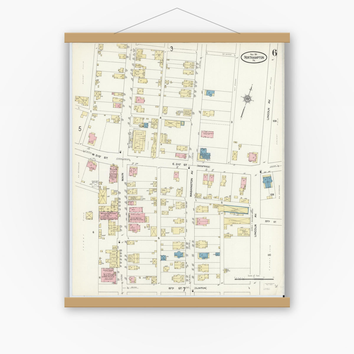 Old map wall art mockup — magnetic wood frame on white wall — Sanborn Fire Insurance Map from Northampton, Northampton County, Pennsylvania (1911), Sheet #0006